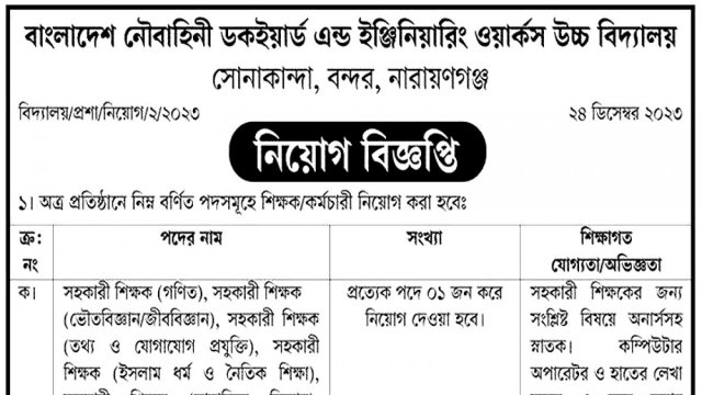 বাংলাদেশ নৌবাহিনী ডকইয়ার্ড এন্ড ইঞ্জিনিয়ারিং ওয়ার্কস উচ্চ বিদ্যালয়ে নিয়ােগ বিজ্ঞপ্তি | চাকরির খবর নিউজ 