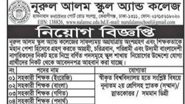 নূরুল আলম স্কুল অ্যান্ড কলেজে নিয়োগ বিজ্ঞপ্তি | চাকরির খবর নিউজ 