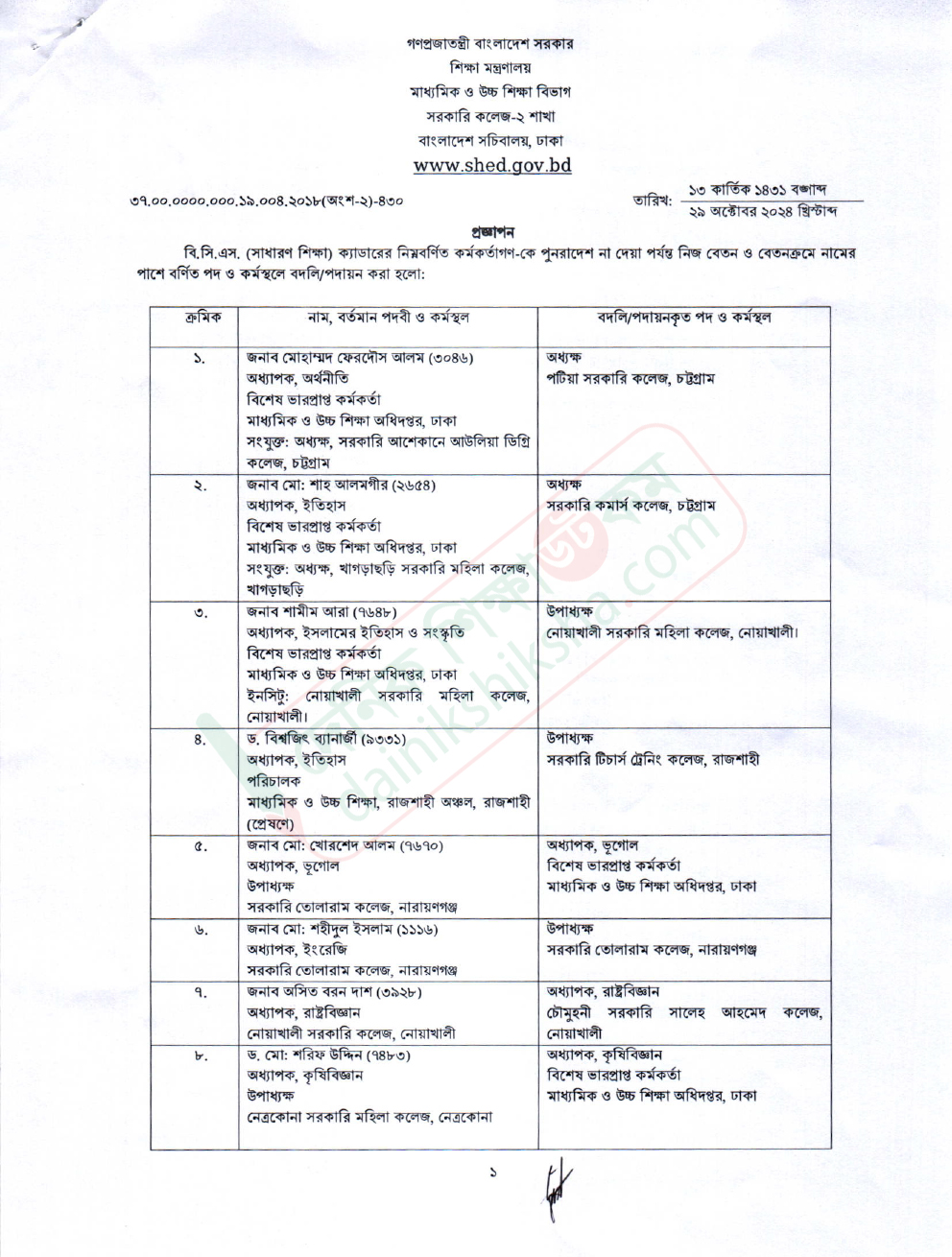 সরকারি কলেজের ৩৮ শিক্ষককে বদলি