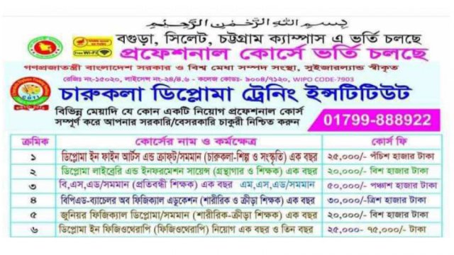 চারুকলা ডিপ্লোমা ট্রেনিং ইনস্টিটিউটে ভর্তি বিজ্ঞপ্তি | বিজ্ঞাপন নিউজ 