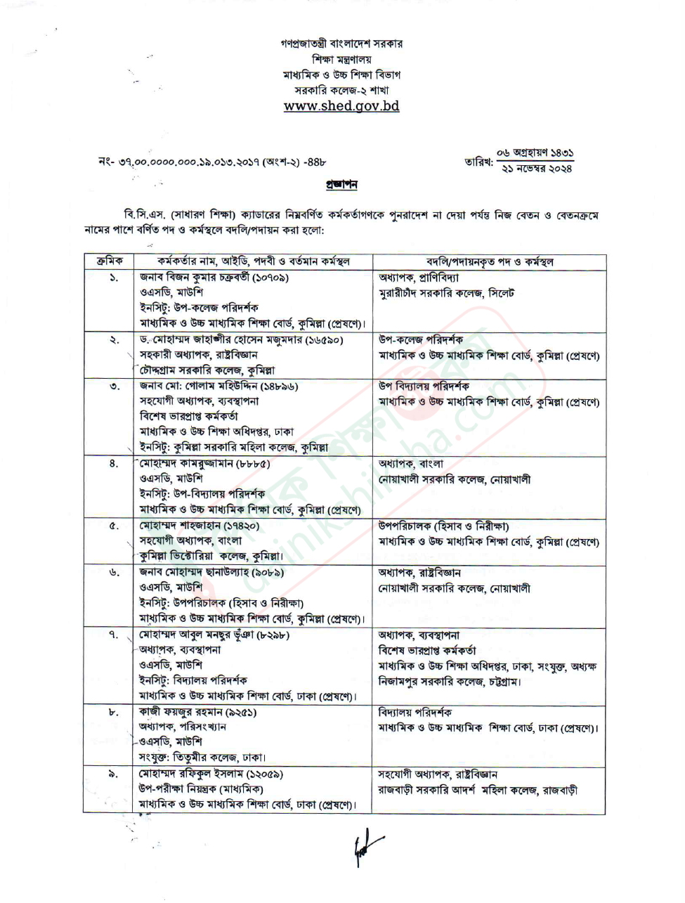 শিক্ষা প্রশাসনে বড় বদলি