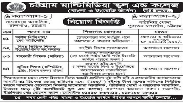 চট্টগ্রাম মাল্টিমিডিয়া স্কুল এন্ড কলেজে নিয়োগ বিজ্ঞপ্তি | চাকরির খবর নিউজ 