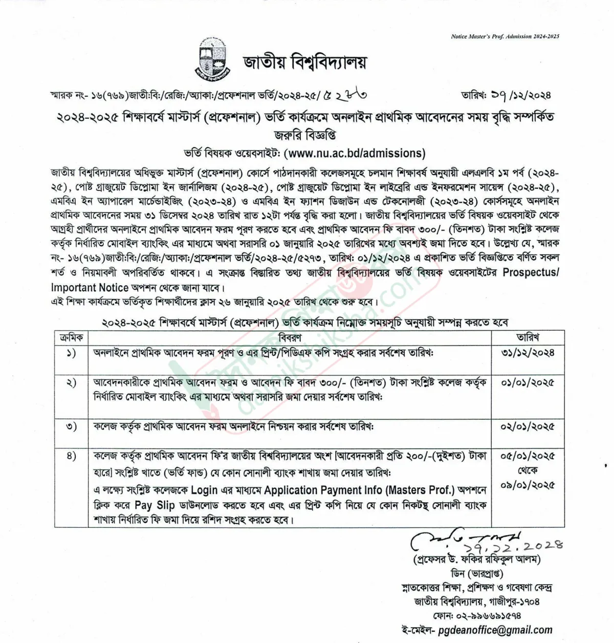 মাস্টার্স প্রফেশনাল কোর্সে ভর্তি আবেদনের সময় বাড়লো