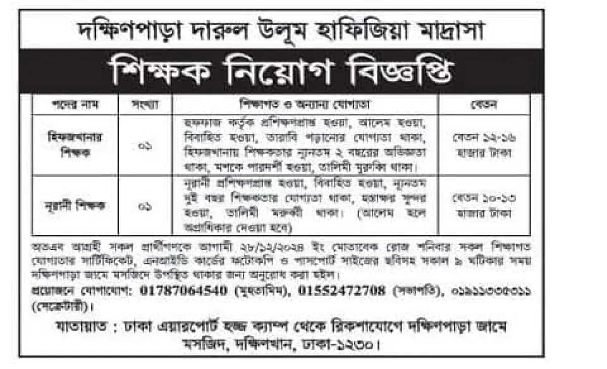 দক্ষিণপাড়া দারুল উলুম হাফিজিয়া মাদরাসায় শিক্ষক নিয়ােগ বিজ্ঞপ্তি
