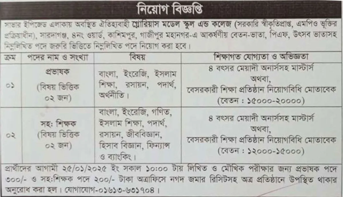 গ্লোরিয়াস মডেল স্কুল এন্ড কলেজে নিয়োগ বিজ্ঞপ্তি