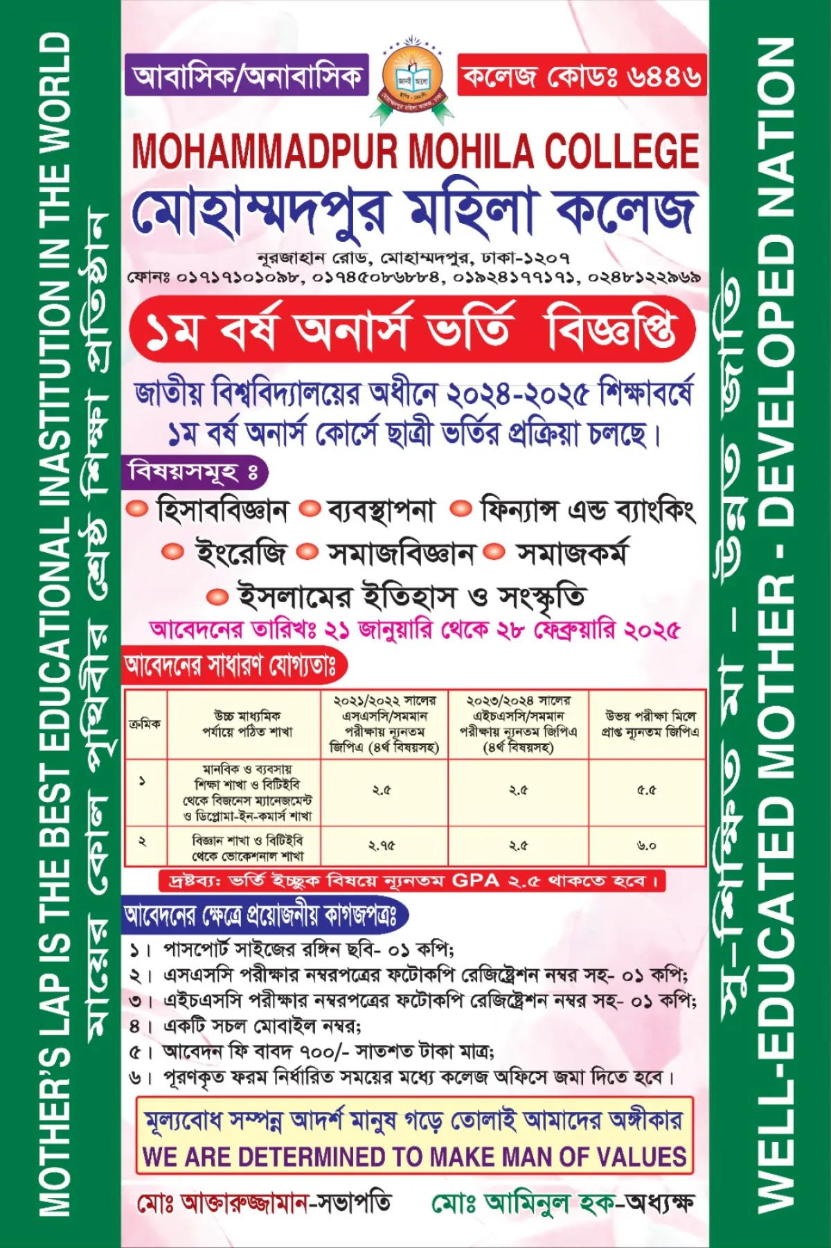 মোহাম্মদপুর মহিলা কলেজে অনার্স ১ম বর্ষে ভর্তি বিজ্ঞপ্তি