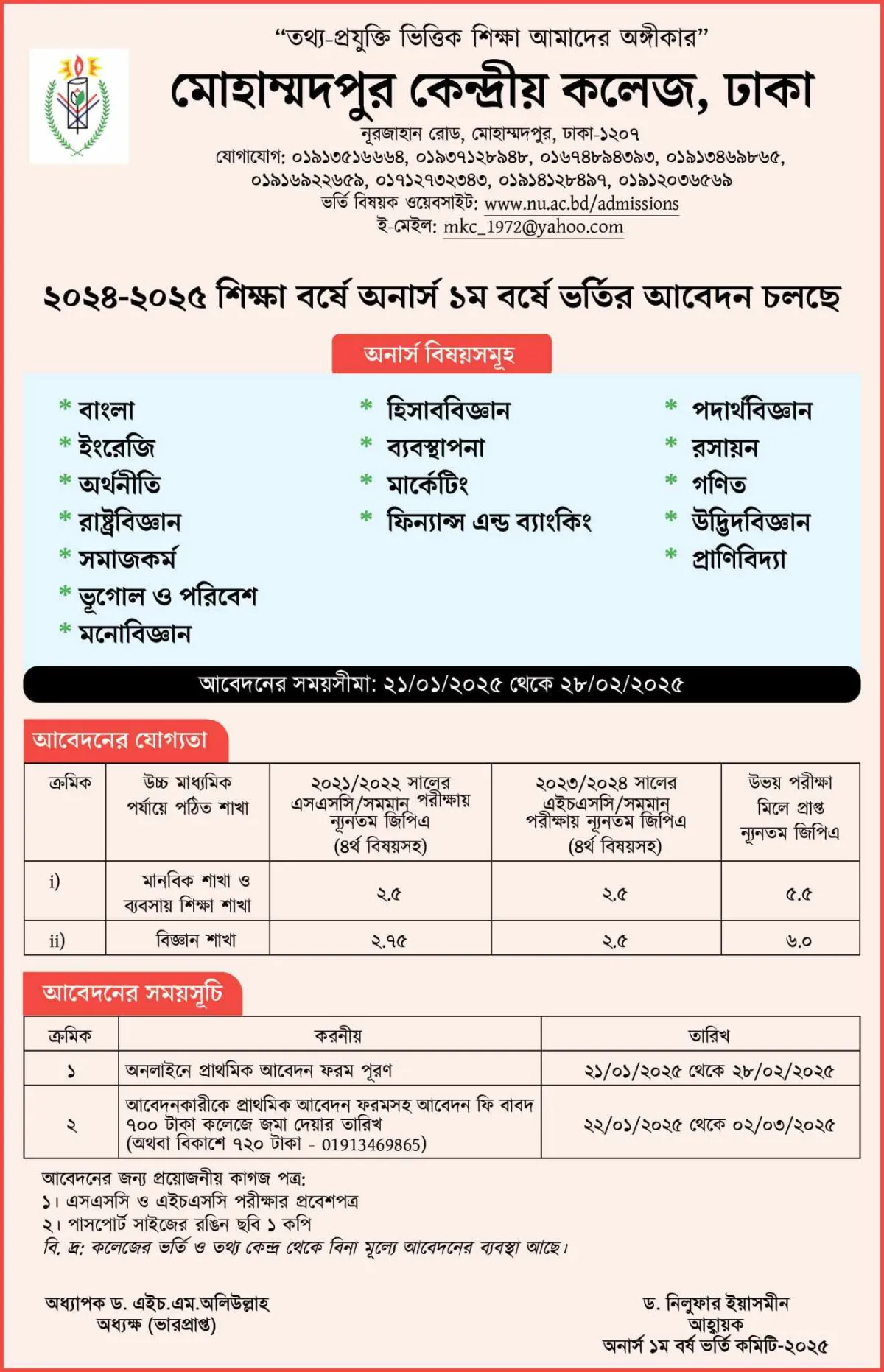 মোহাম্মদপুর কেন্দ্রীয় কলেজে অনার্স ১ম বর্ষে ভর্তি চলছে