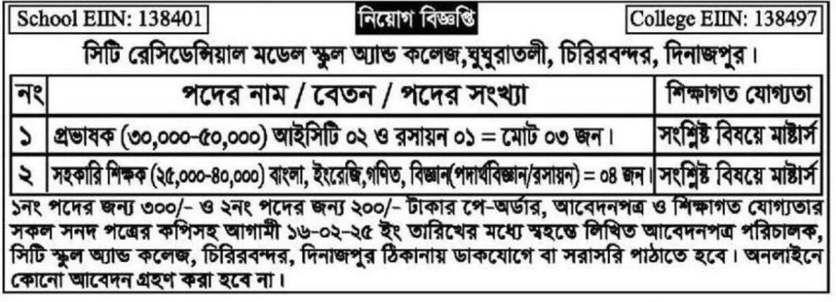 সিটি রেসিডেন্সিয়াল মডেল স্কুল এন্ড কলেজে শিক্ষক নিয়োগ