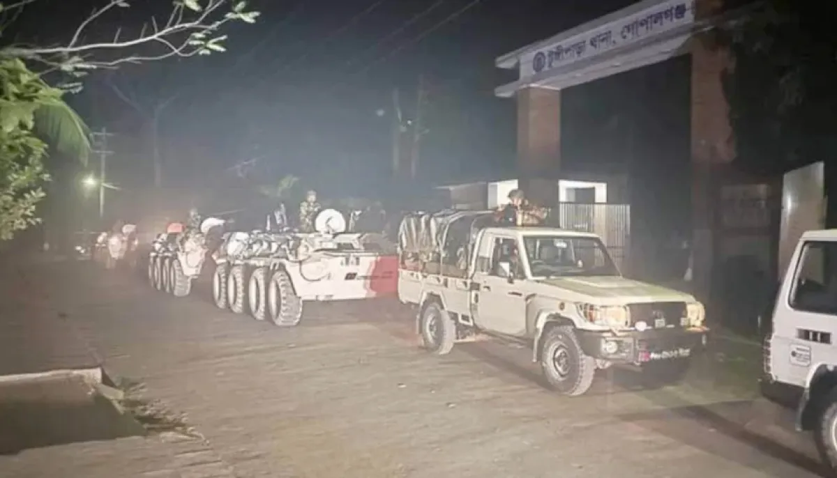 Army armored vehicle in front of tungipara police station overnight