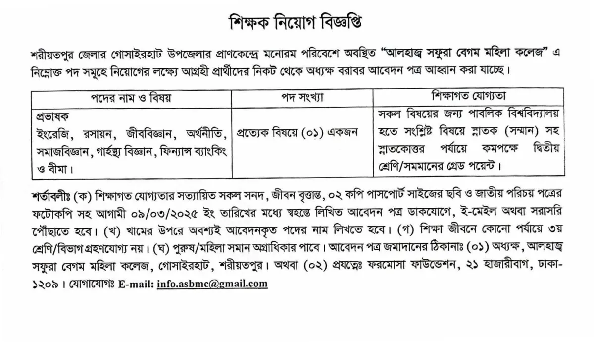 আলহাজ্ব সফুরা বেগম মহিলা কলেজে শিক্ষক নিয়োগ বিজ্ঞপ্তি