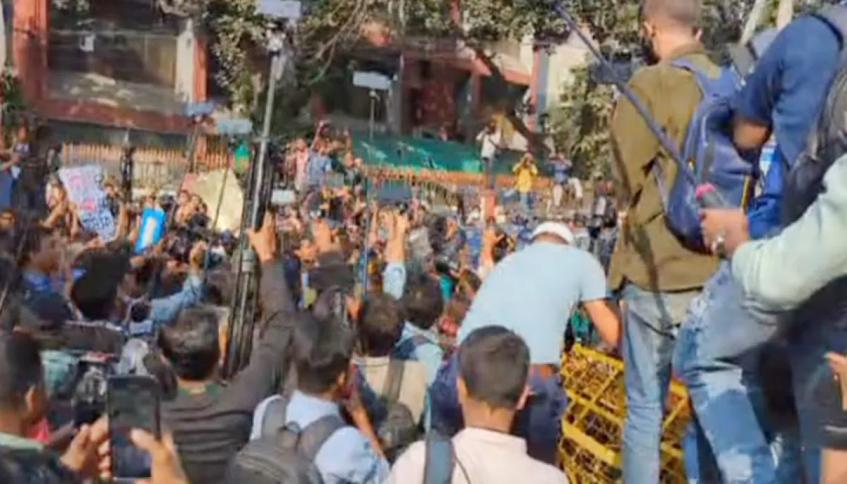 Public procession of students obstruction in front of the educational building