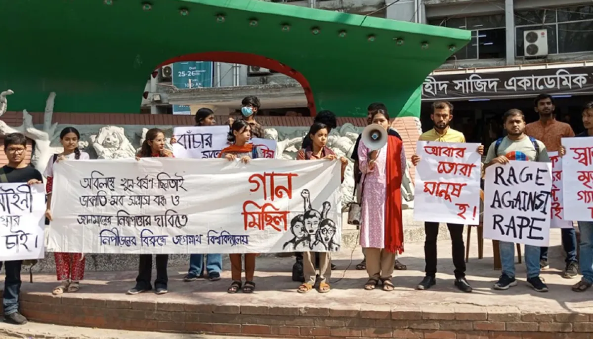 Jobi students sing a song demanding safety of life and property