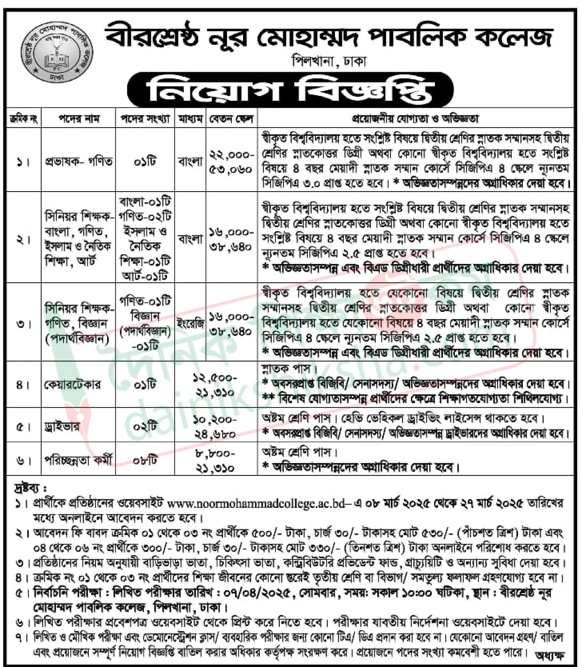 বীরশ্রেষ্ঠ নূর মোহাম্মদ পাবলিক কলেজে নিয়ােগ বিজ্ঞপ্তি