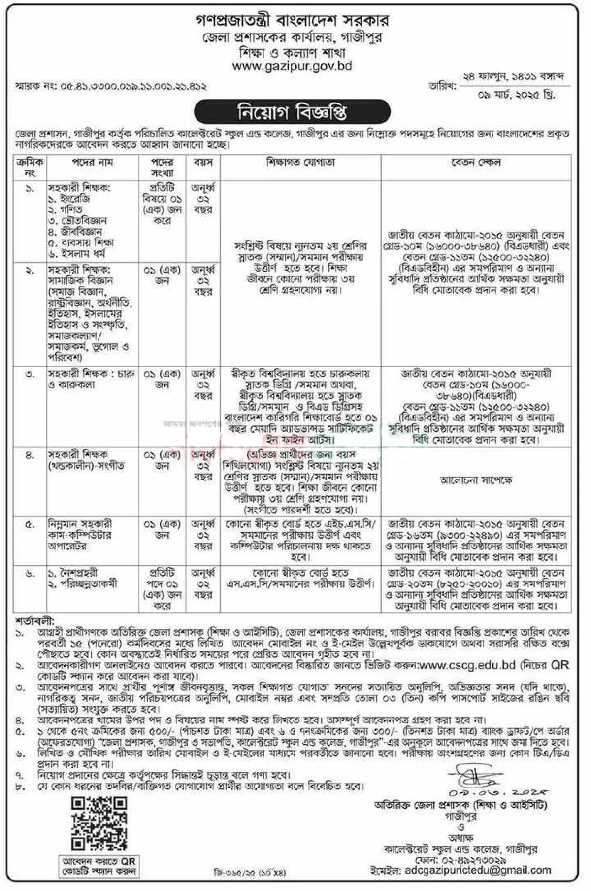 গাজীপুর কালেক্টরেট স্কুল এন্ড কলেজে নিয়োগ বিজ্ঞপ্তি
