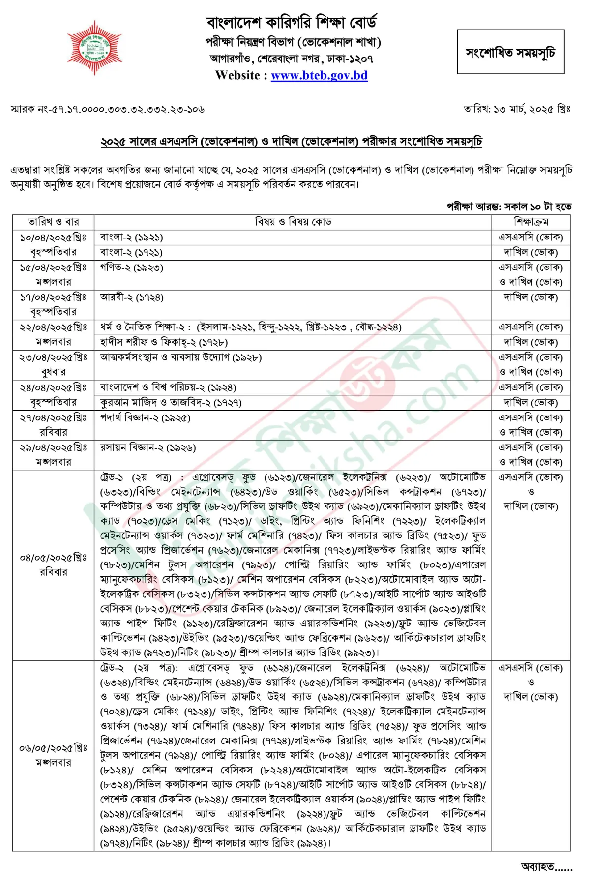 এসএসসি ভোকেশনালের সংশোধিত রুটিন প্রকাশ