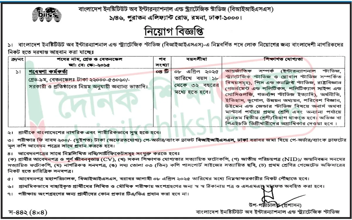 গবেষণা কর্মকর্তা নেবে বিআইআইএসএস