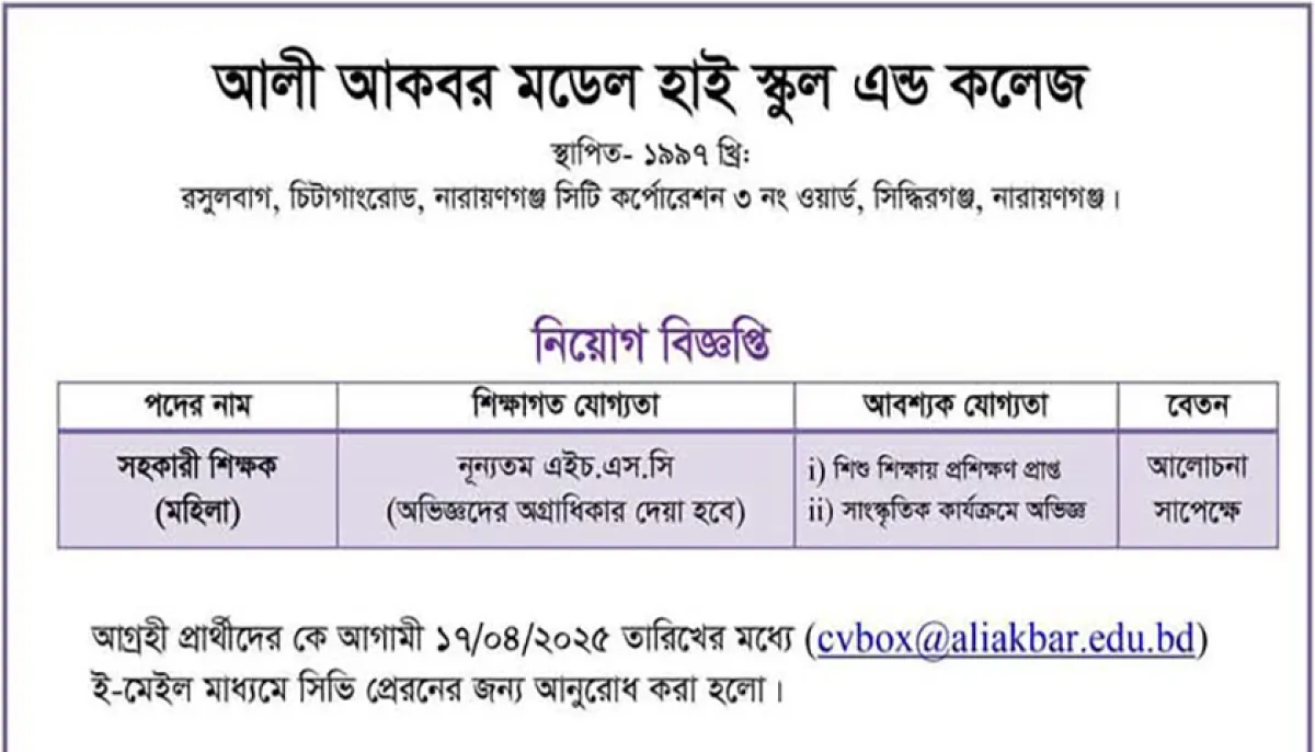 Ali akbar model high school and college recruitment notice