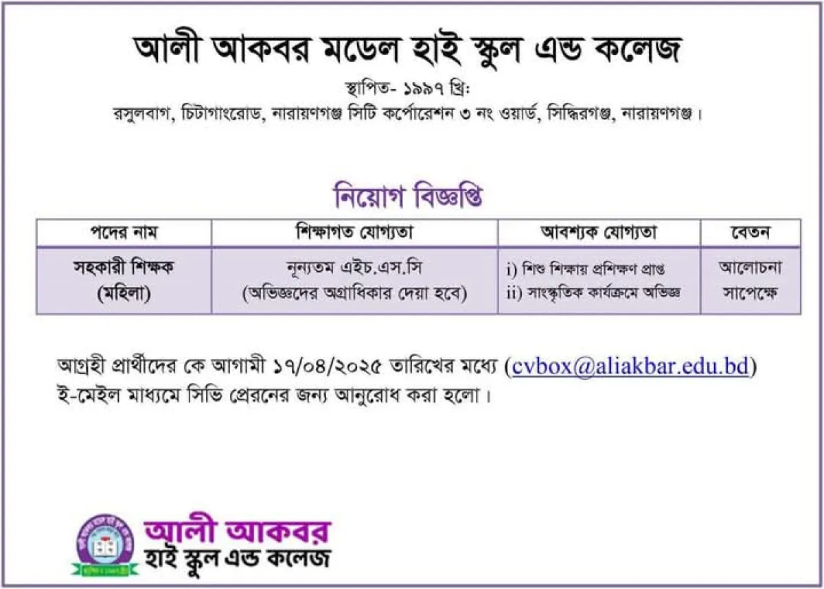 আলী আকবর মডেল হাই স্কুল এন্ড কলেজে নিয়ােগ বিজ্ঞপ্তি