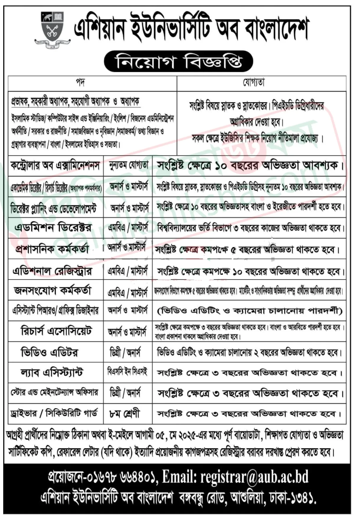এশিয়ান ইউনিভার্সিটি অব বাংলাদেশে নিয়োগ বিজ্ঞপ্তি