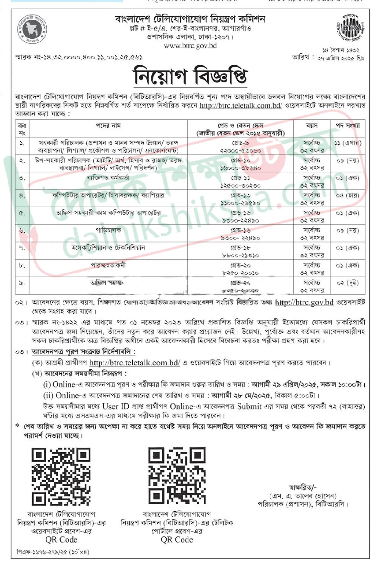 বিটিআরসিতে ৩৯ পদে নিয়োগ