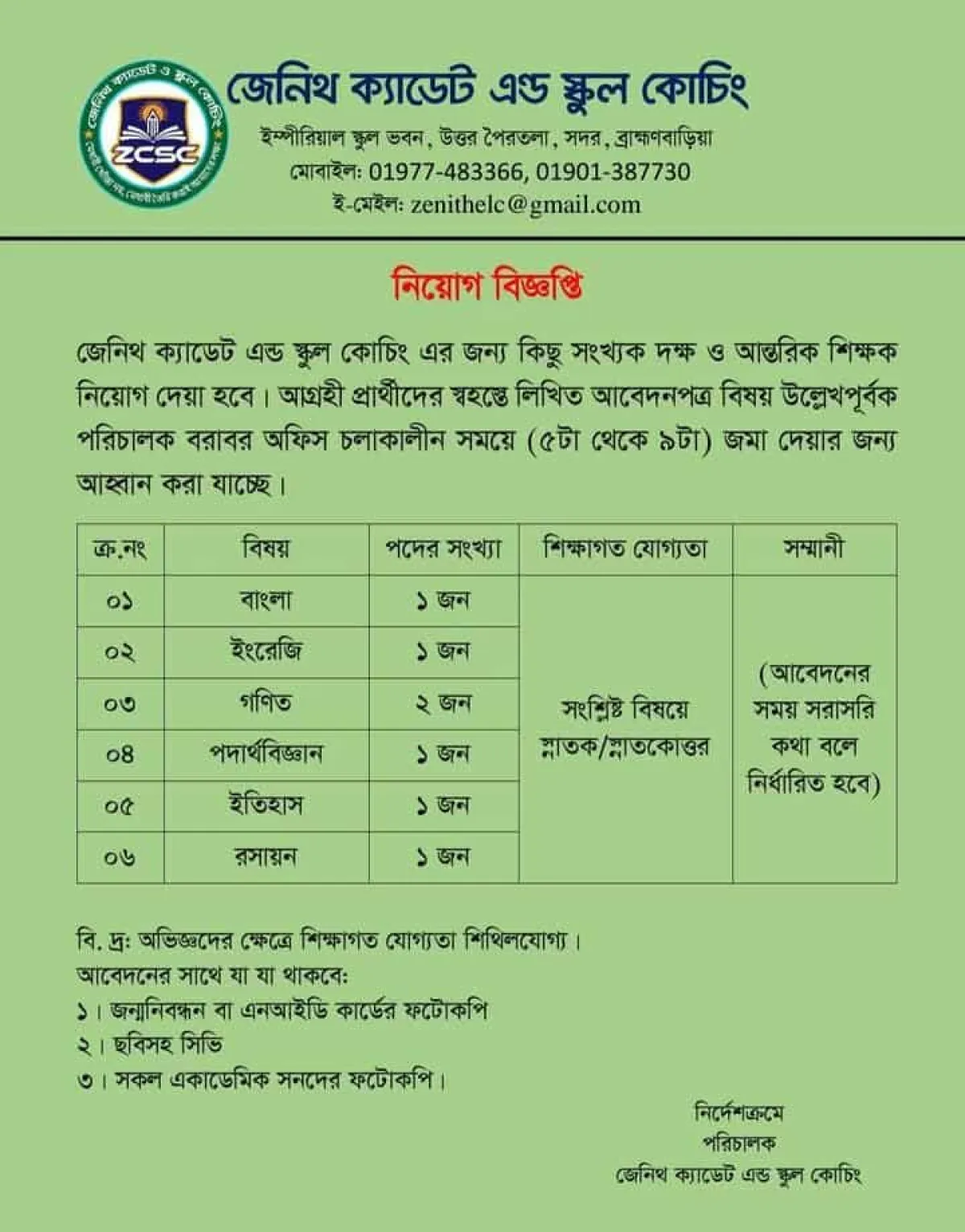 জেনিথ ক্যাডেট এন্ড স্কুল কোচিং এ নিয়োগ বিজ্ঞপ্তি