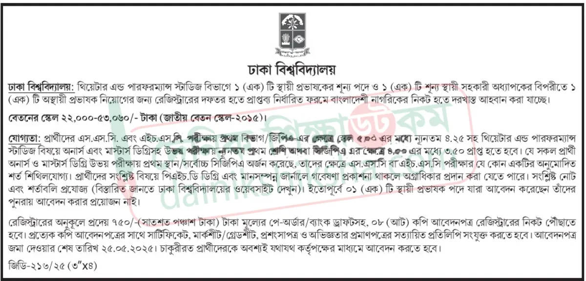 ঢাবিতে থিয়েটার এন্ড পারফরম্যান্স স্টাডিস বিভাগে নিয়োগ