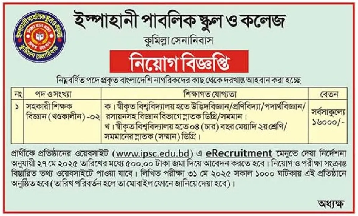 ইস্পাহানি পাবলিক স্কুল ও কলেজে নিয়োগ বিজ্ঞপ্তি