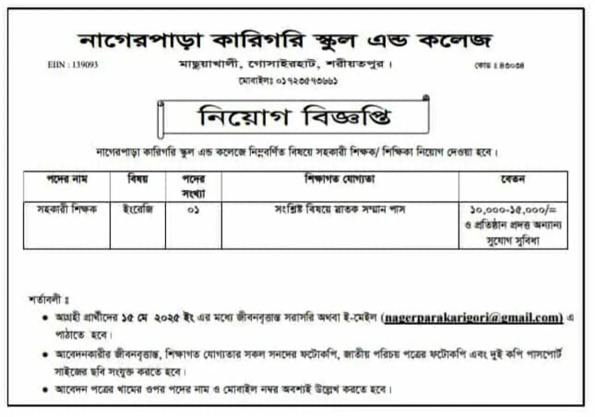 নাগেরপাড়া কারিগরি স্কুল এন্ড কলেজে নিয়ােগ বিজ্ঞপ্তি