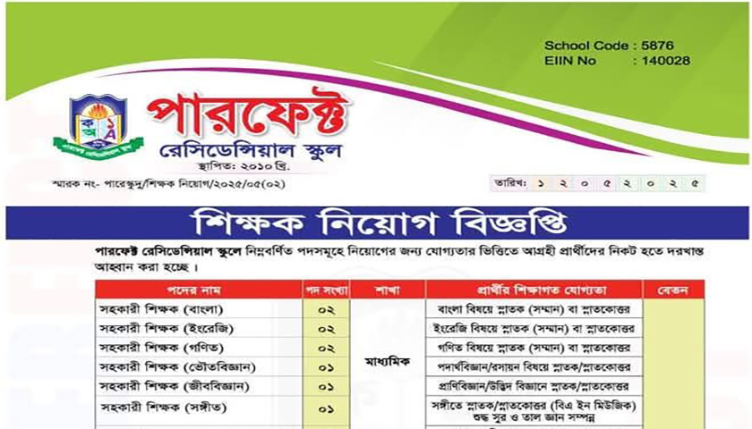 পারফেক্ট রেসিডেন্সিয়াল স্কুল, উলিপুর কুড়িগ্রামে শিক্ষক নিয়োগ | বিজ্ঞাপন নিউজ 