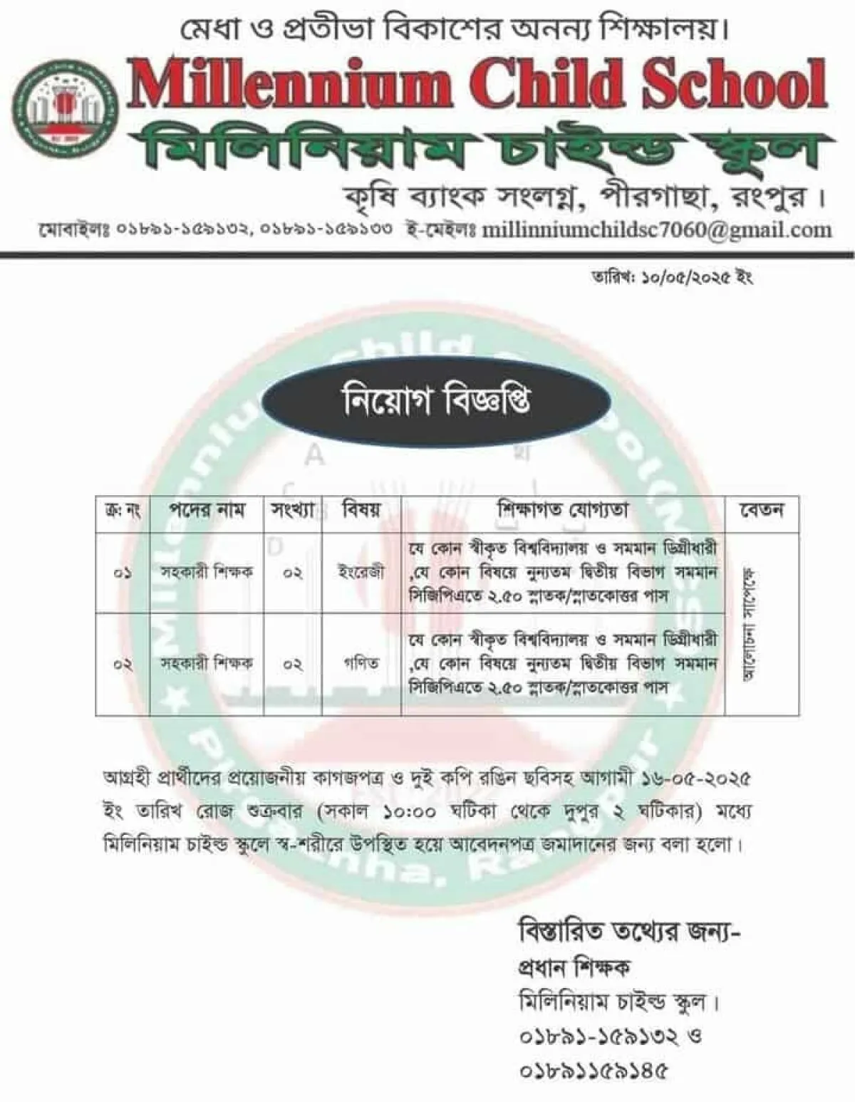 চার পদে নিয়োগ দেবে মিলিনিয়াম চাইল্ড স্কুল