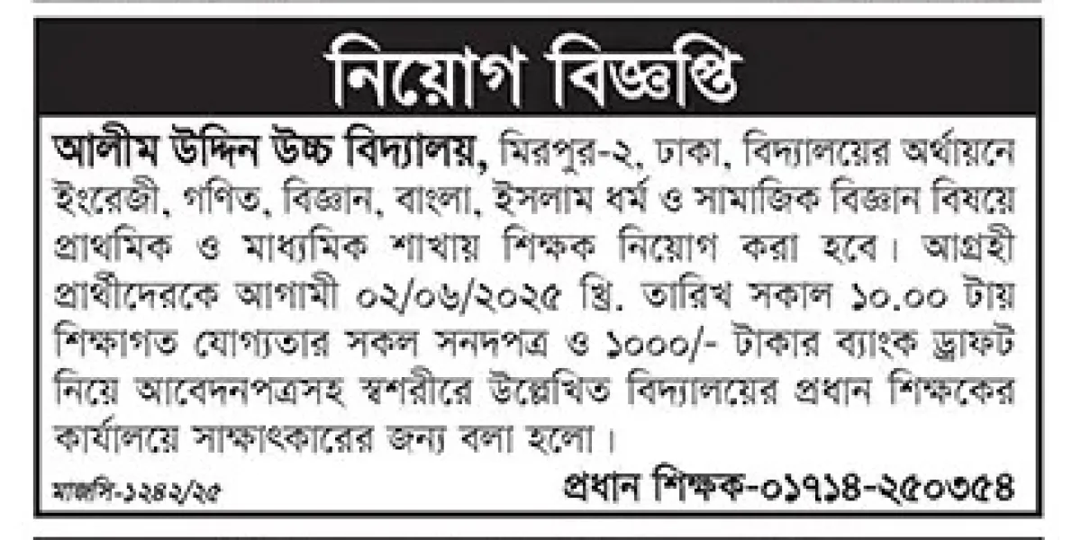 আলীম উদ্দিন উচ্চ বিদ্যালয়ে শিক্ষক নিয়োগ