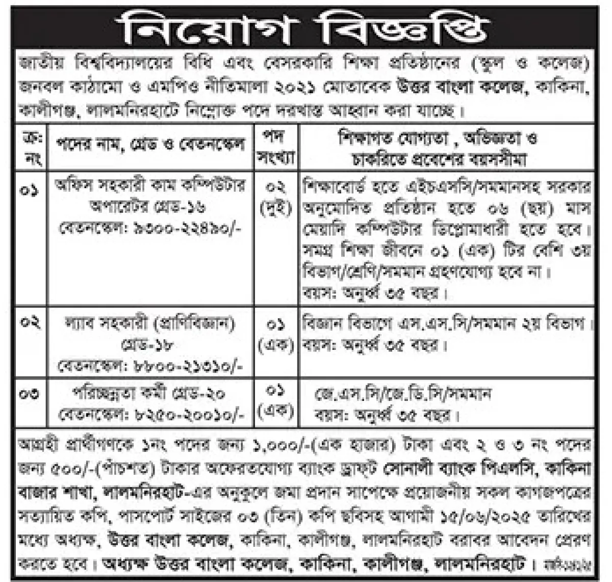 উত্তর বাংলা কলেজে নিয়োগ বিজ্ঞপ্তি