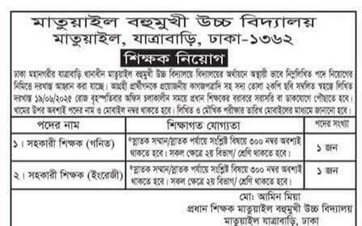 মাতুয়াইল বহুমুখী উচ্চ বিদ্যালয়ে শিক্ষক নিয়ােগ বিজ্ঞপ্তি