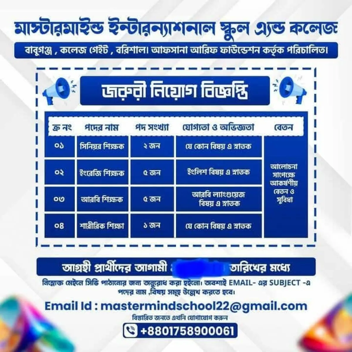 জরুরি নিয়োগ দেবে মাস্টারমাইন্ড ইন্টারন্যাশনাল স্কুল এন্ড কলেজ