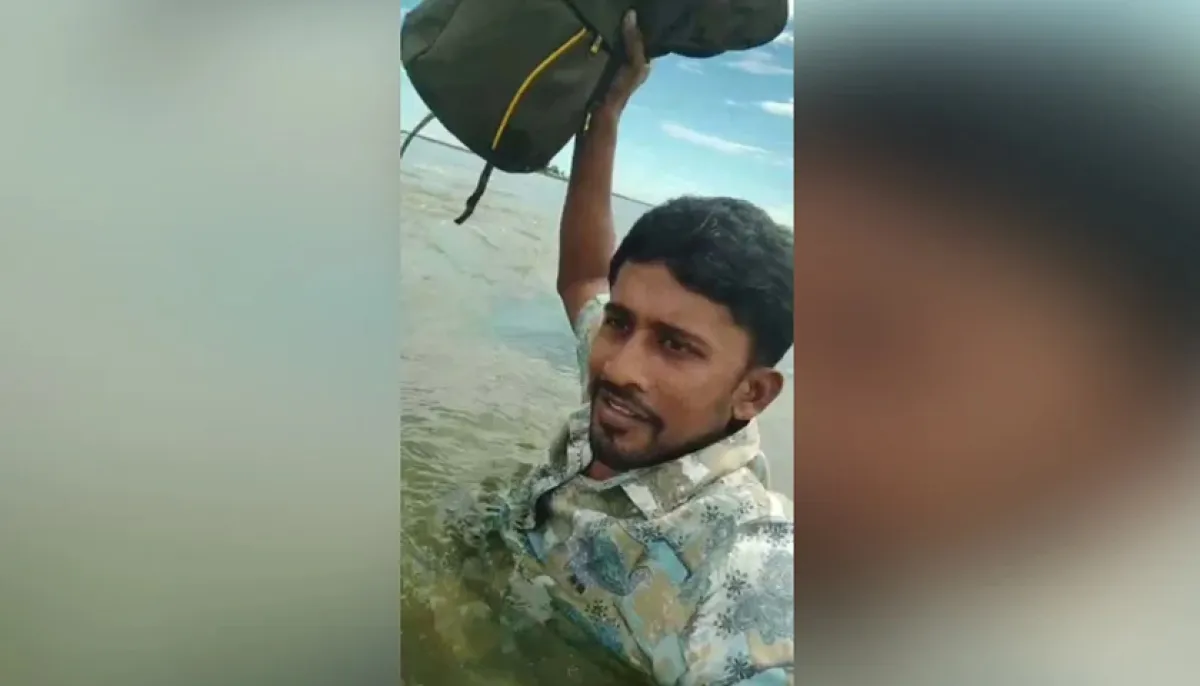Teacher goes to school carrying chest deep water