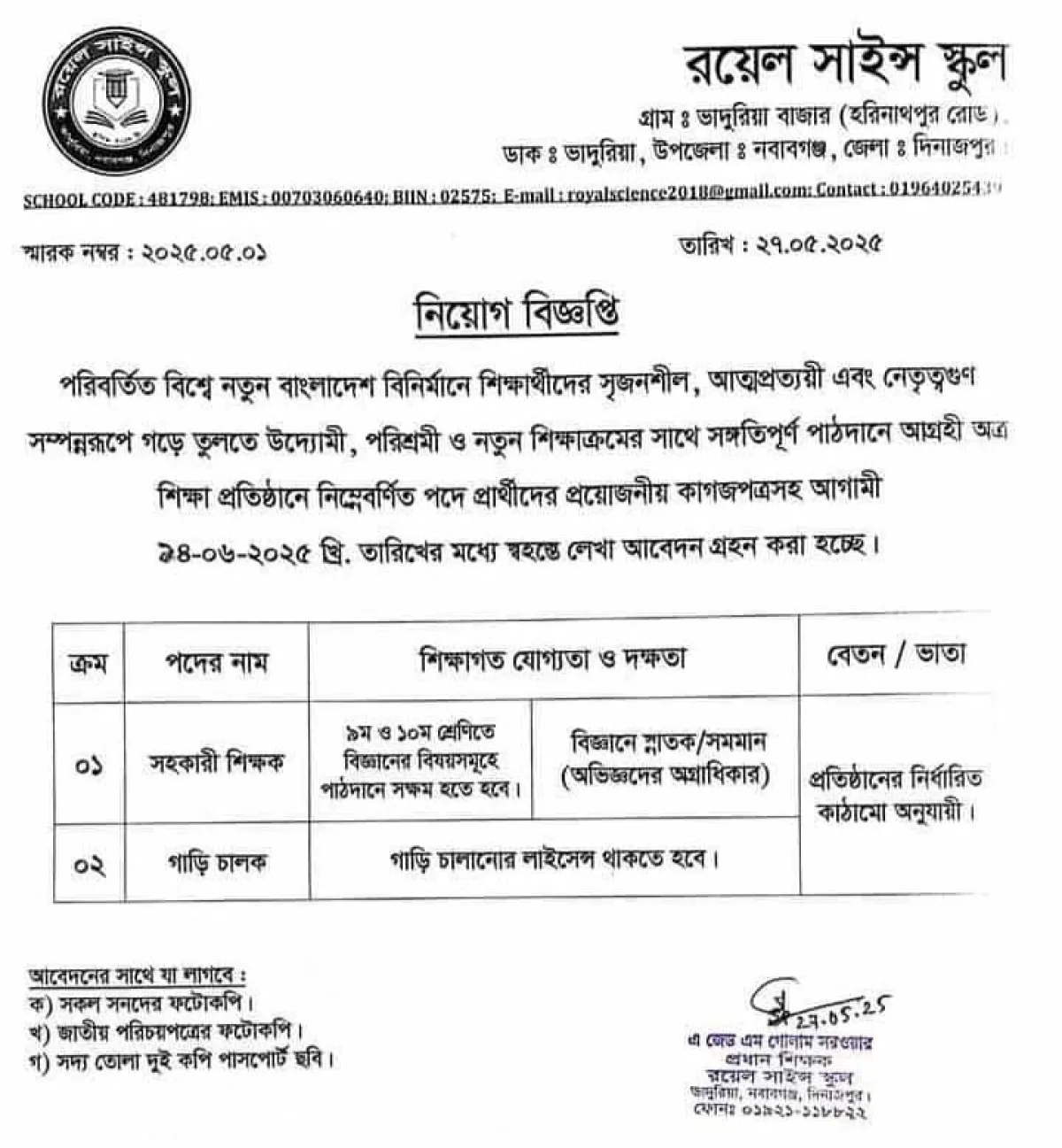 দুই পদে নিয়োগ দেবে রয়েল সাইন্স স্কুল