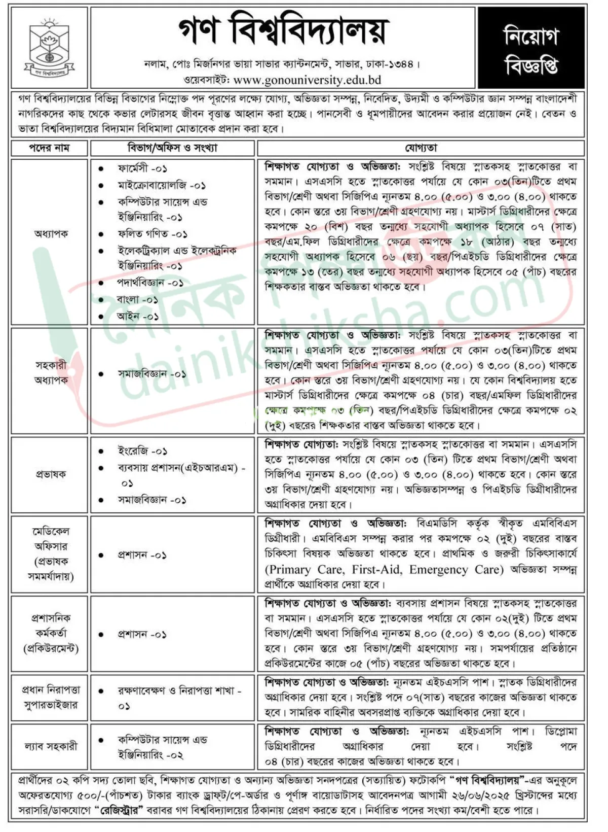 গণ বিশ্ববিদ্যালয়ে চাকরির সুযোগ
