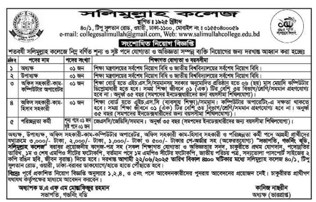 সলিমুল্লাহ কলেজে সংশোধিত নিয়োগ বিজ্ঞপ্তি