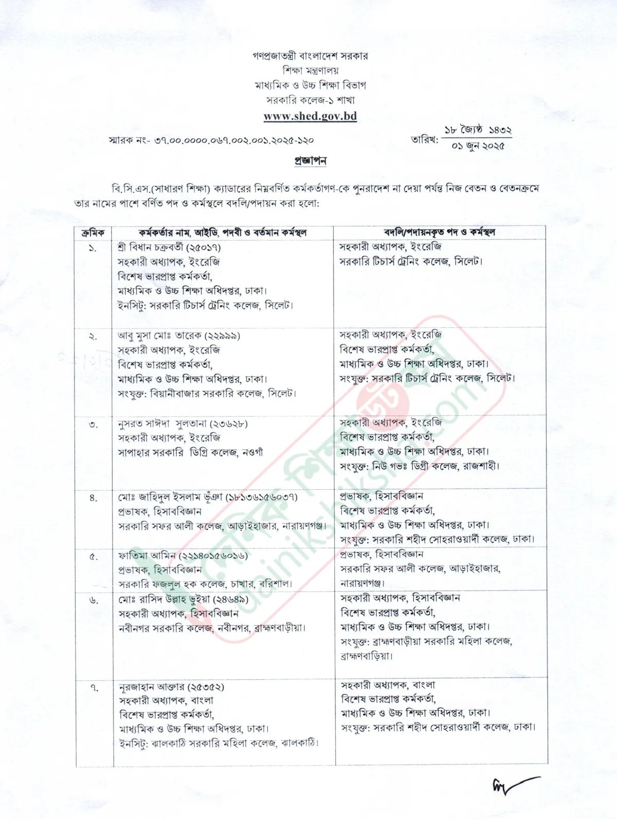 ১৮ শিক্ষা ক্যাডার কর্মকর্তার বদলি