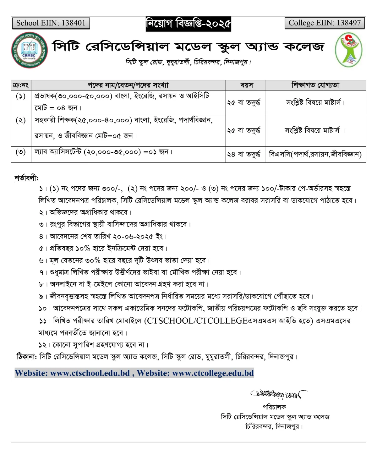 সিটি রেসিডেন্সিয়াল মডেল স্কুল অ্যান্ড কলেজে নিয়োগ বিজ্ঞপ্তি
