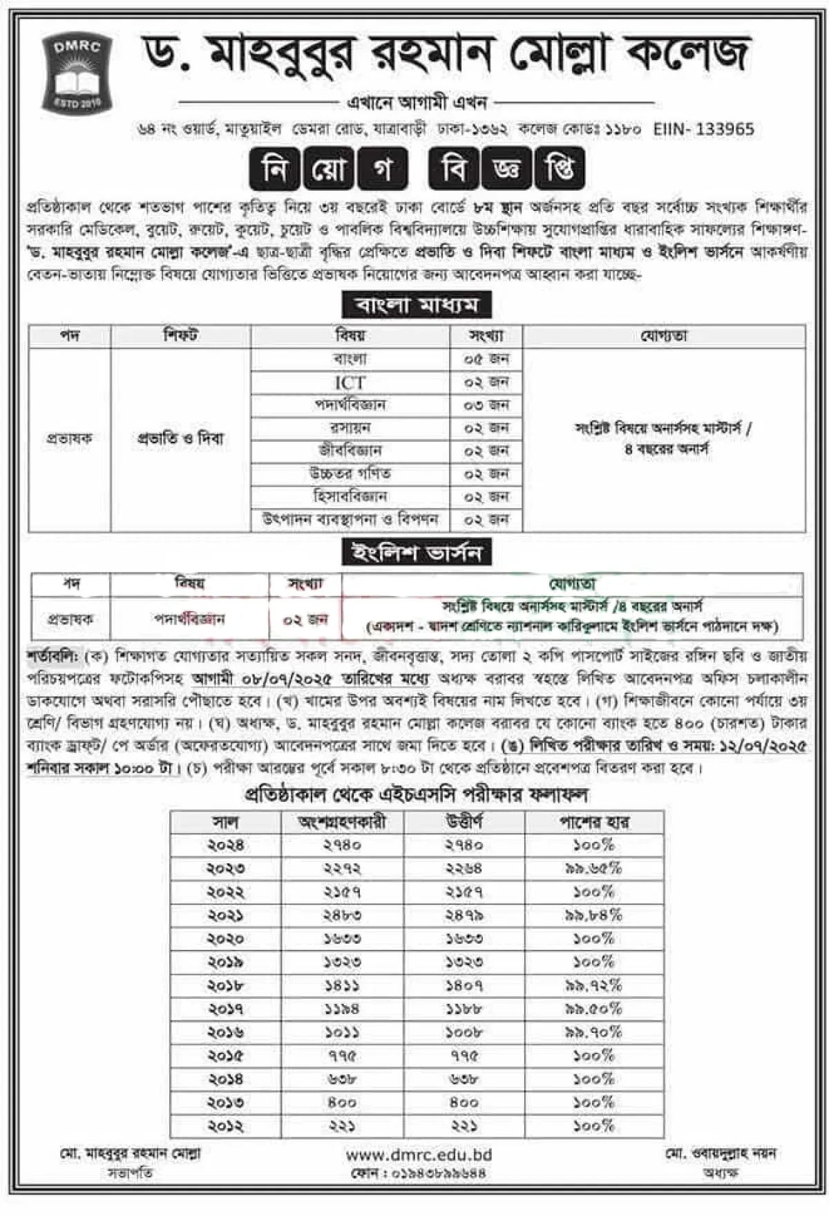 ড. মাহবুবুর রহমান মােল্লা কলেজে নিয়োগ বিজ্ঞপ্তি