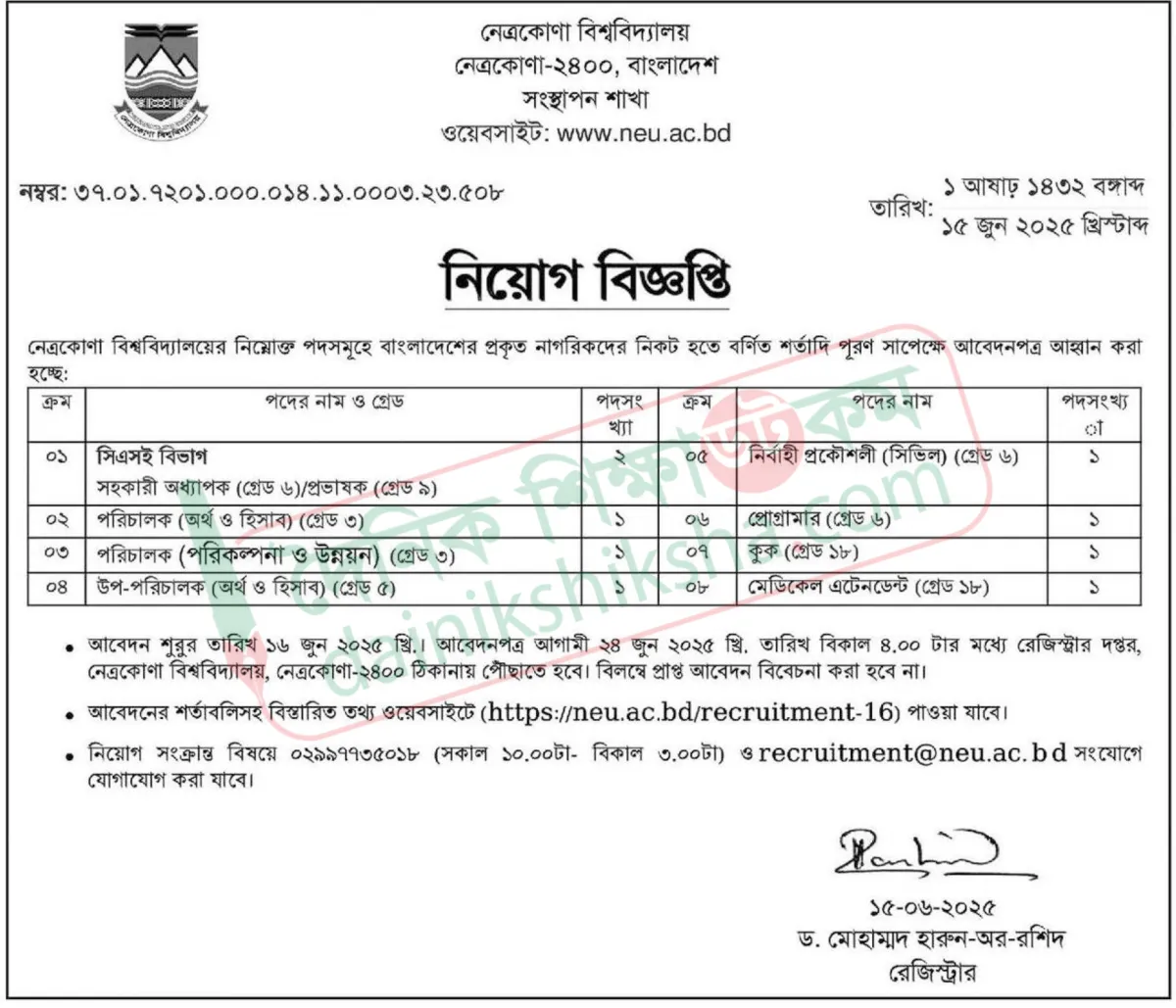 নেত্রকোনা বিশ্ববিদ্যালয়ে চাকরির সুযোগ