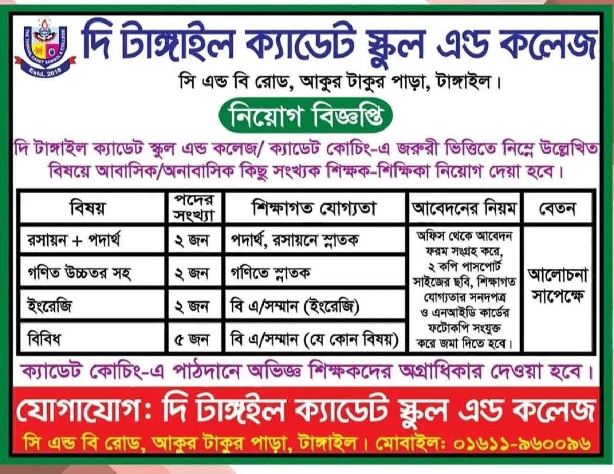 দি টাঙ্গাইল ক্যাডেট স্কুল এন্ড কলেজে নিয়ােগ বিজ্ঞপ্তি
