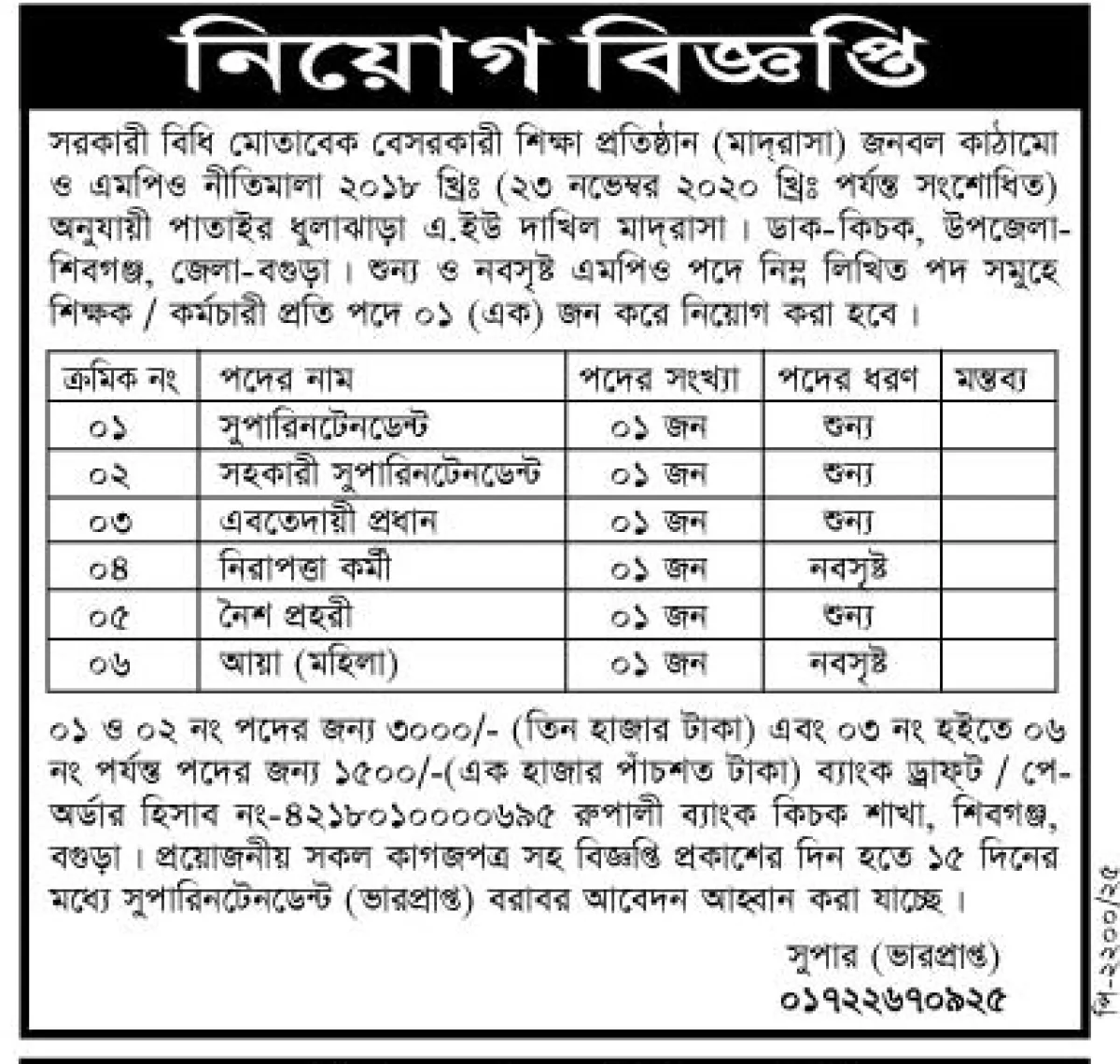 পাতাইর ধুলাঝাড়া এ.ইউ দাখিল মাদরাসায় নিয়োগ বিজ্ঞপ্তি