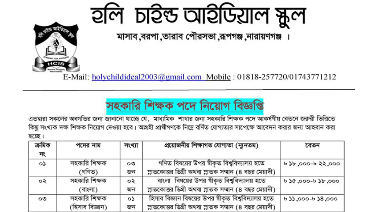 Recruitment for the post of assistant teacher at holy child ideal school