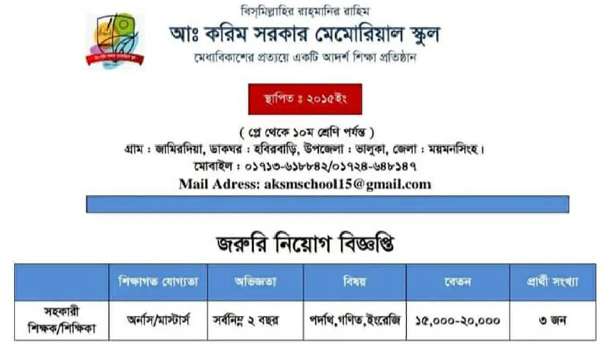 Abdul karim sarkar memorial school recruitment notice