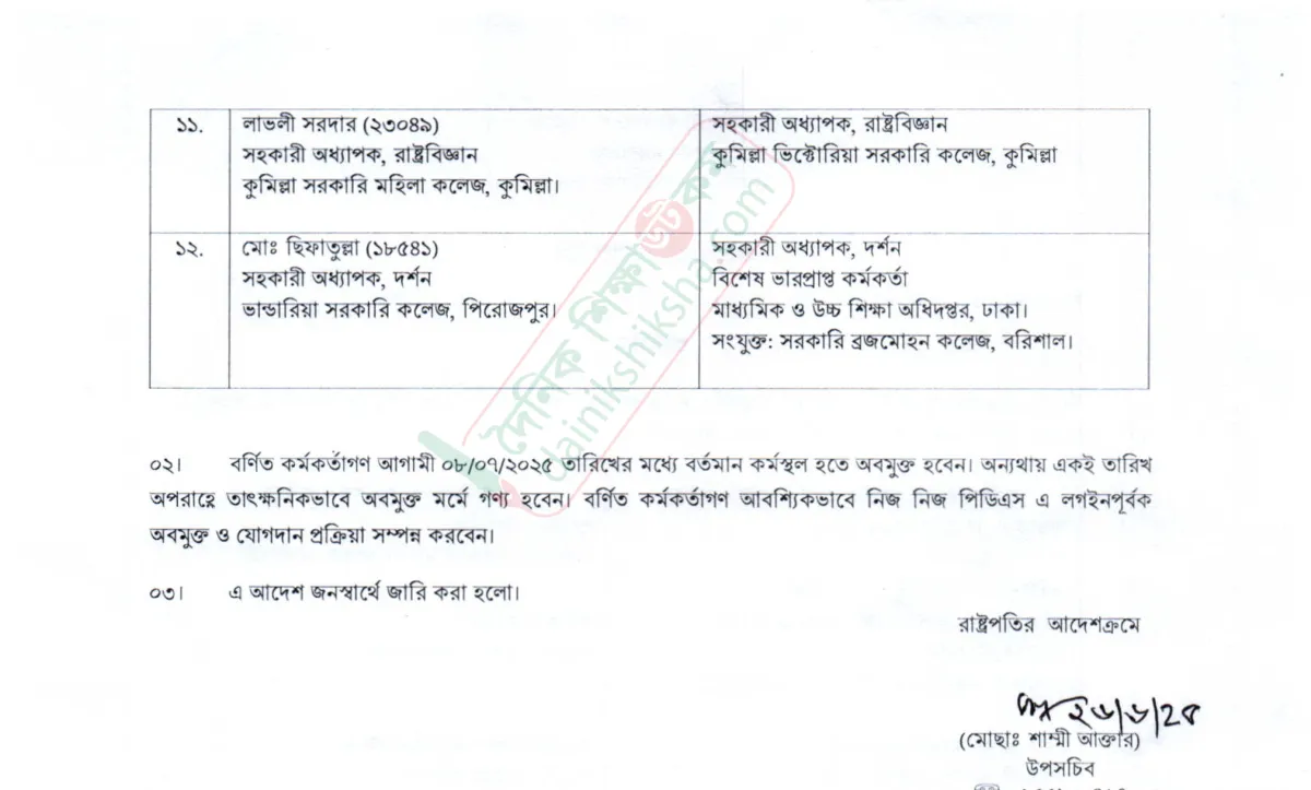 সরকারি কলেজের ১২ শিক্ষকের বদলি