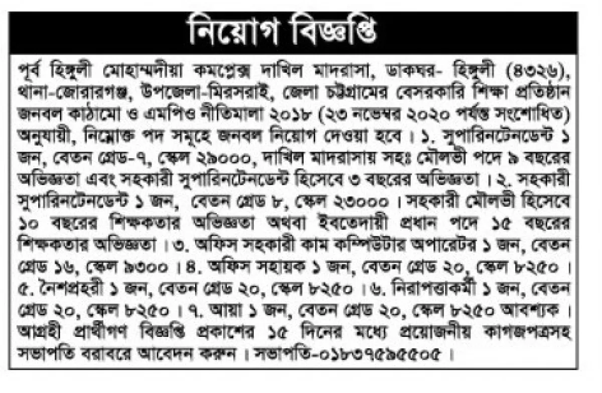 পূর্ব হিংগুলী মোহাম্মাদীয়া কমপ্লেক্স দাখিল মাদরাসায় নিয়োগ বিজ্ঞপ্তি