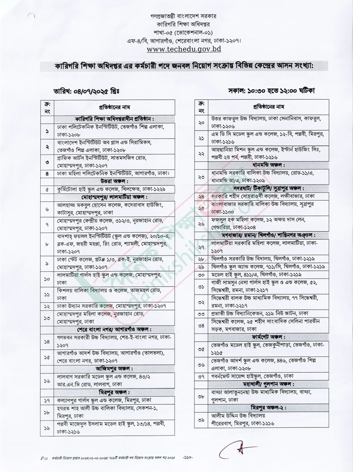 ভোকেশনাল প্রতিষ্ঠানের কর্মচারী নিয়োগের লিখিত পরীক্ষার তারিখ