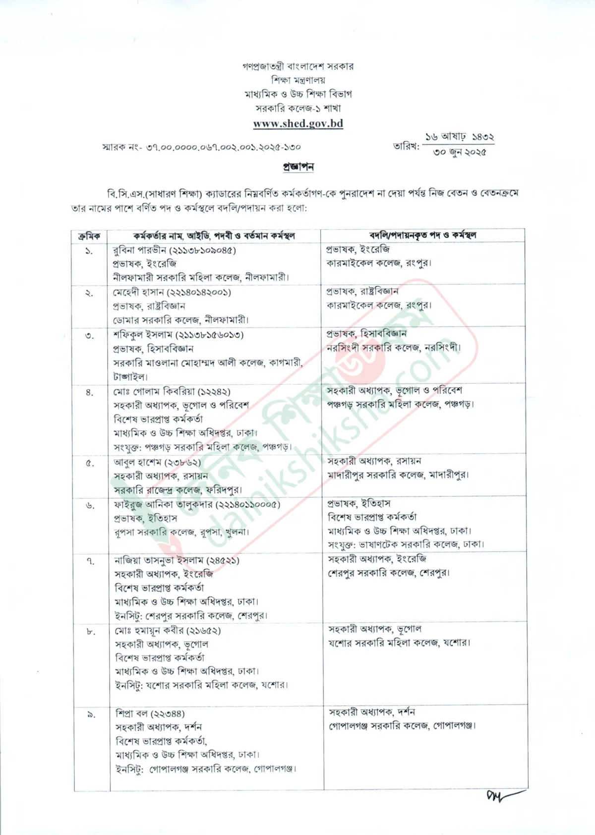 ২৬ শিক্ষা ক্যাডার কর্মকর্তার বদলি